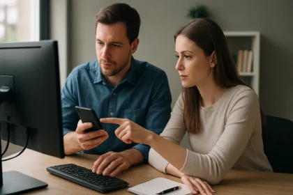 Két ember informatikai eszköz használata közben, együttműködve.