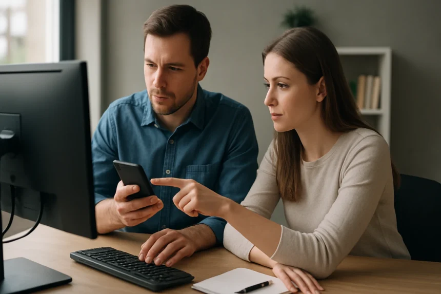 Két ember informatikai eszköz használata közben, együttműködve.