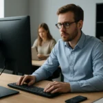 Férfi vastagkliens számítógépen dolgozik az irodában.