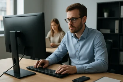 Férfi vastagkliens számítógépen dolgozik az irodában.