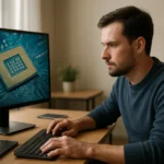 Férfi számítógép használat közben, processzor képernyő előtt.