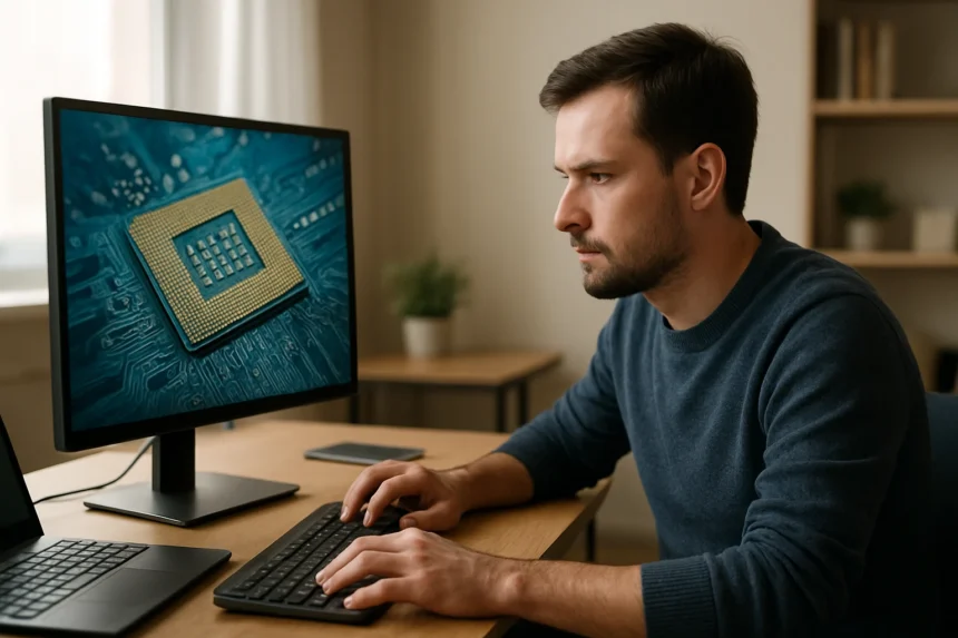 Férfi számítógép használat közben, processzor képernyő előtt.