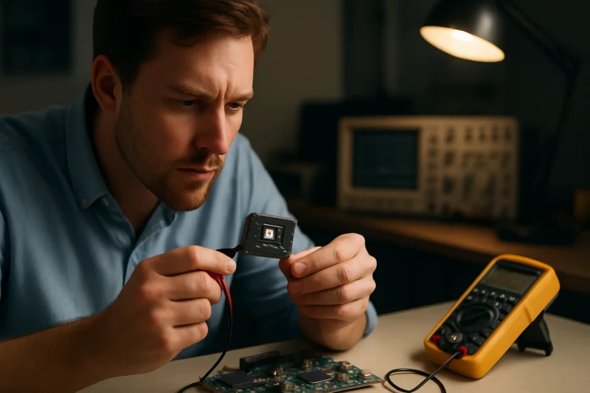 Egy mérnök EPROM chipet vizsgál egy elektromos áramkör felett.