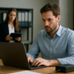 Férfi laptopon dolgozik adatok biztonsági mentéséről egy irodában.