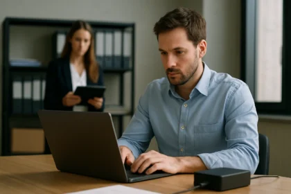 Férfi laptopon dolgozik adatok biztonsági mentéséről egy irodában.