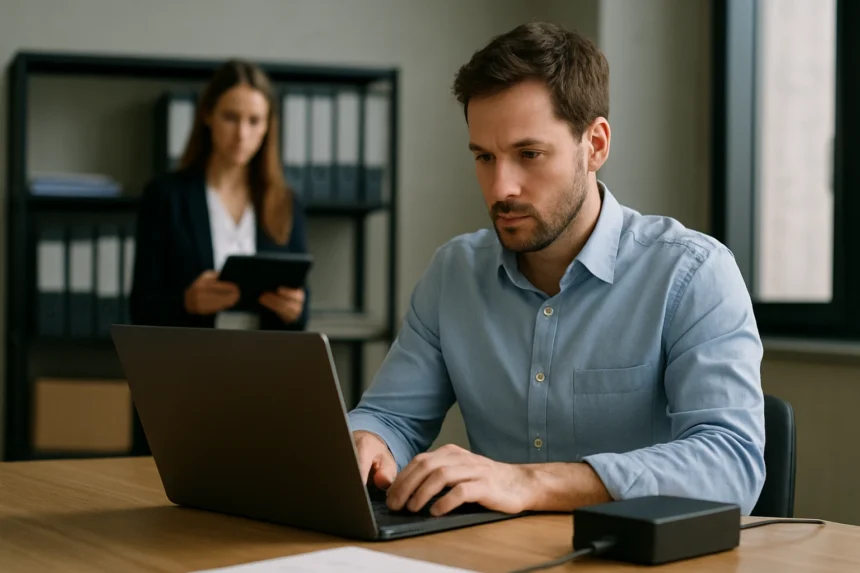 Férfi laptopon dolgozik adatok biztonsági mentéséről egy irodában.