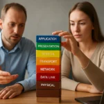 Két ember az OSI modell rétegeit bemutató blokkok felett diskurál.