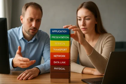 Két ember az OSI modell rétegeit bemutató blokkok felett diskurál.