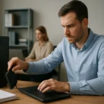 Férfi offline adatbázis-mentést végez az asztalon