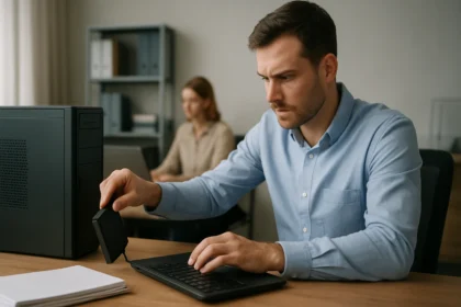 Férfi offline adatbázis-mentést végez az asztalon