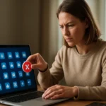 Nő a laptopján bloatware eltávolításához szükséges ikont tart a kezében