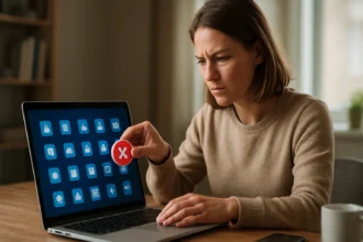 Nő a laptopján bloatware eltávolításához szükséges ikont tart a kezében