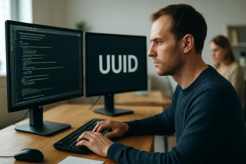 Fejlesztő, aki UUID-t ír kódra két monitor előtt