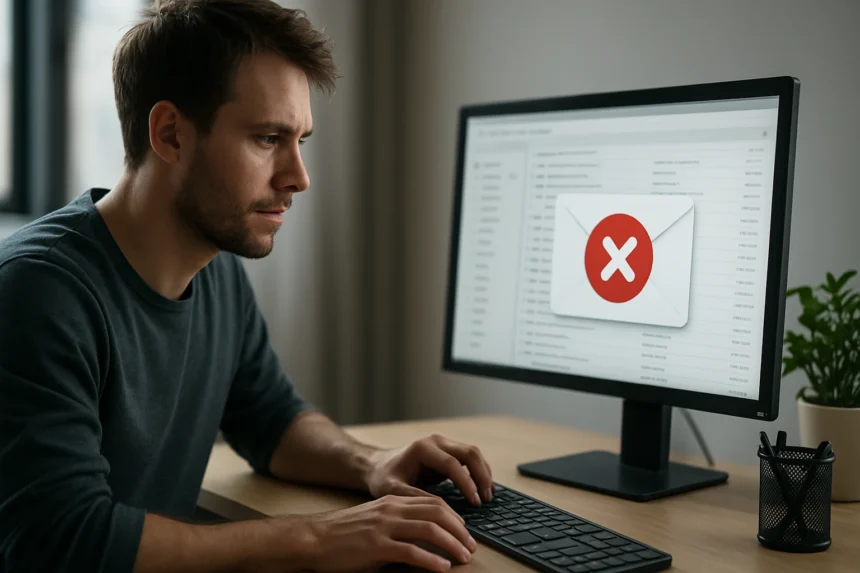 Férfi számítógépen dolgozik, spam levél szűrése