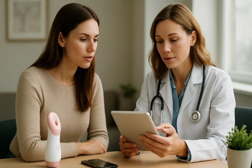 Nők egészségével foglalkozó orvos digitális eszközt mutat be pácienseinek.