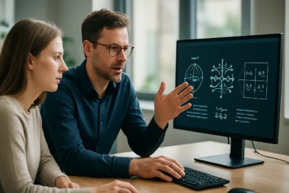 Két szakértő kvantumszámítástechnikáról beszélget egy monitor előtt.