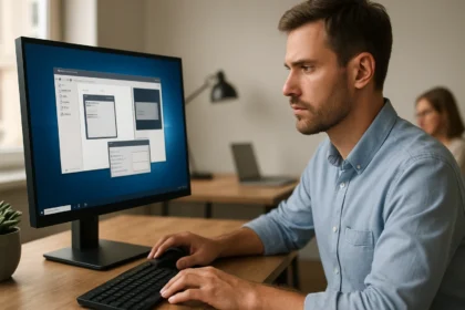 Férfi asztali virtualizációs platform használat közben