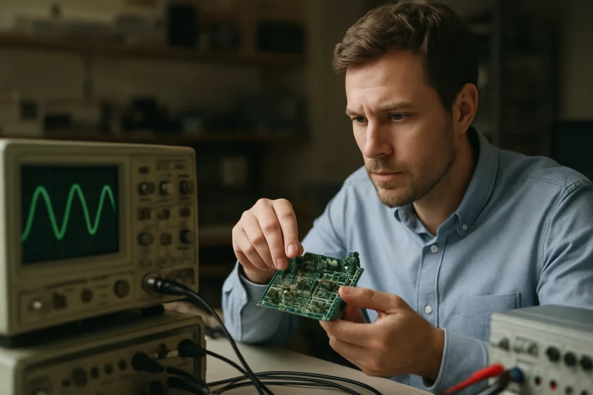 Férfi elektronikai áramkör vizsgálása oszcillátorral