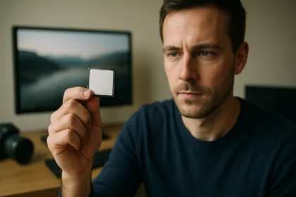 Férfi, aki Compact Flash memóriakártyát tart a kezében.