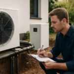 Geotermikus hűtési rendszer telepítésén dolgozó szakember.