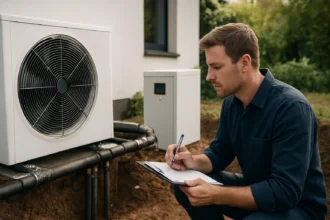 Geotermikus hűtési rendszer telepítésén dolgozó szakember.