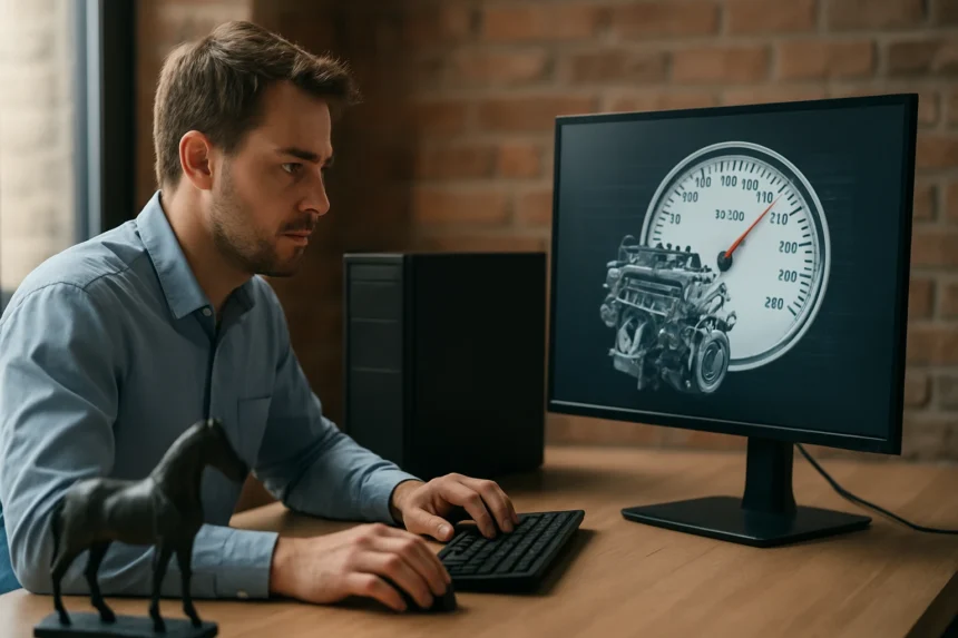 Férfi számítógépes munka közben lóerőt jelző műszer előtt.