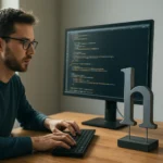 Férfi programozó a számítógép előtt, mellette a Planck-állandó szimbóluma.