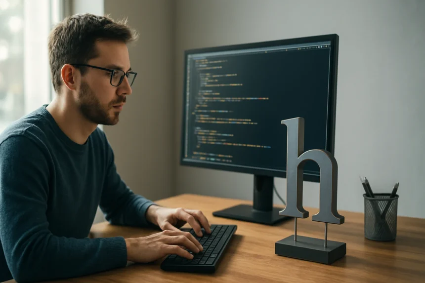 Férfi programozó a számítógép előtt, mellette a Planck-állandó szimbóluma.