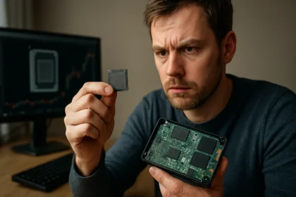 Férfi NAND Flash memória chipet vizsgál, háttérben technológiai grafikonok.