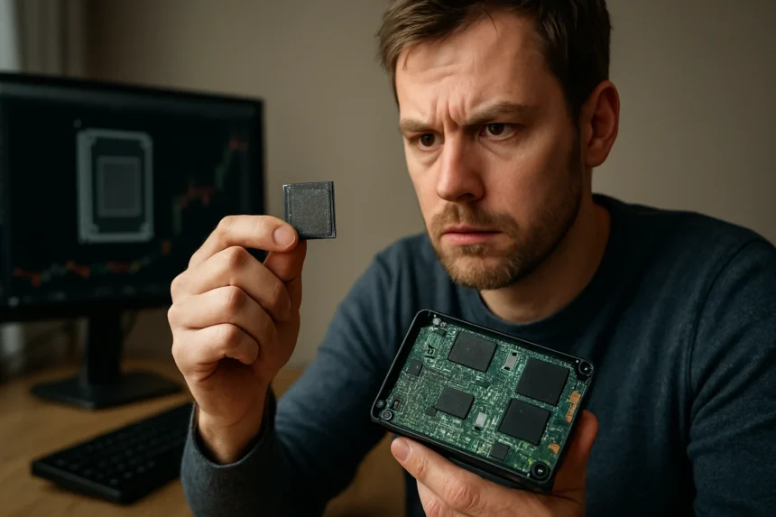 Férfi NAND Flash memória chipet vizsgál, háttérben technológiai grafikonok.