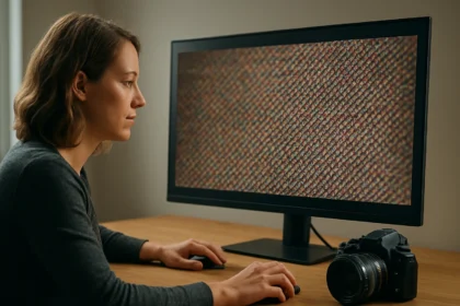 Nő számítógép előtt digitális képminőségi részletek elemzésekor.