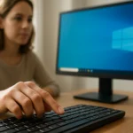 A nő Windows billentyűt használ egy számítógép billentyűzetén.