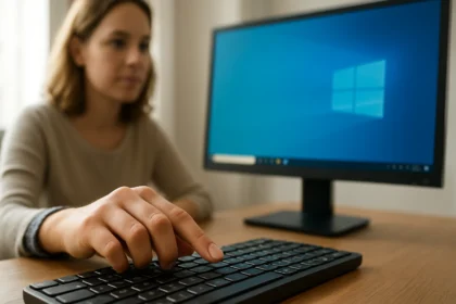 A nő Windows billentyűt használ egy számítógép billentyűzetén.