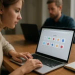 Nő a laptop előtt, böngésző kedvencek használatával