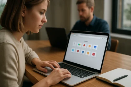 Nő a laptop előtt, böngésző kedvencek használatával