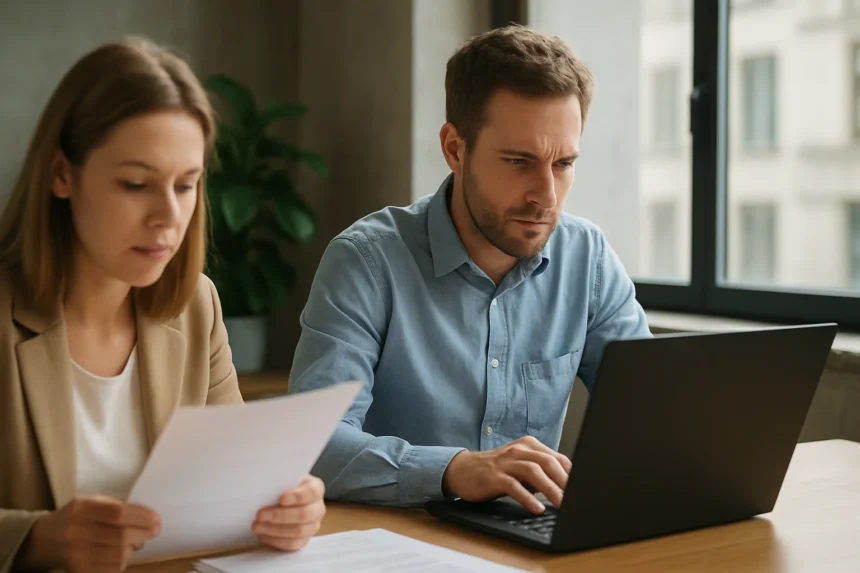 Két személy munkahelyi adatminimalizáláson dolgozik laptopnál.