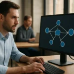 A férfi multicast hálózati ábrát néz a számítógépén.