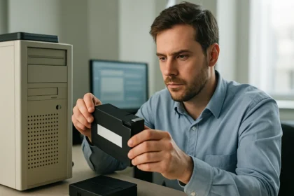 Férfi szalagos biztonsági mentést végez a számítógép előtt.