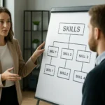 Nő bemutatja a készségtaxonómia fontosságát egy táblán