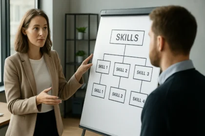 Nő bemutatja a készségtaxonómia fontosságát egy táblán