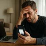 Férfi frusztráltan nézi a telefonját, ANR hibaüzenetet tapasztal.
