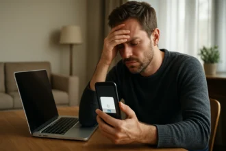 Férfi frusztráltan nézi a telefonját, ANR hibaüzenetet tapasztal.