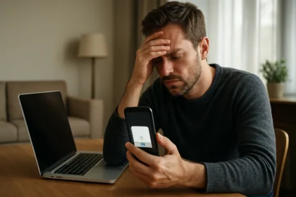 Férfi frusztráltan nézi a telefonját, ANR hibaüzenetet tapasztal.