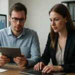 Két szakember adatkezelésről beszélget, táblagépet és laptopot használnak.