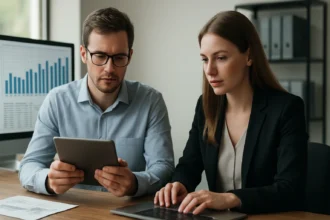 Két szakember adatkezelésről beszélget, táblagépet és laptopot használnak.