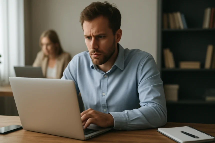 Férfi dolgozik laptopon, koncentrálva a kéretlen üzenetek ellen védekezés egyik aspektusára.