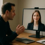 Férfi beszélget egy virtuális ügynökkel számítógépen.