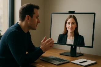 Férfi beszélget egy virtuális ügynökkel számítógépen.