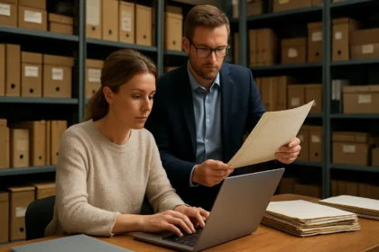 Két szakember adatkezelést végez egy archívumban, laptop és papír dokumentumokkal.