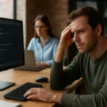 Programozó nehézségekkel küzd a számítógép előtt.